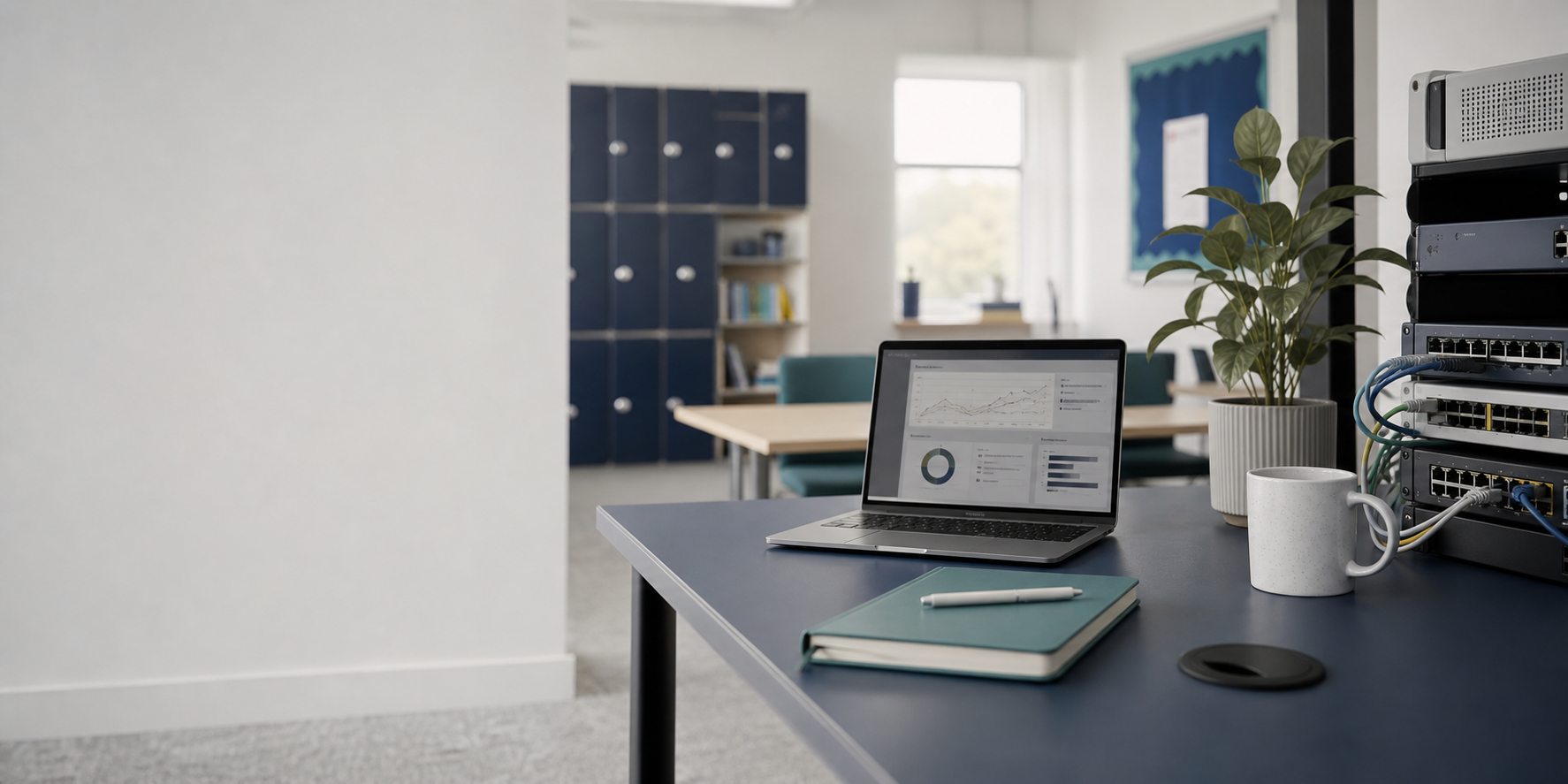 Network equipment and a laptop in a school workspace.